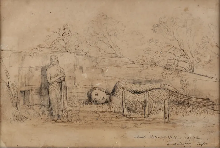 Andrew Nicholl: Colossal Recumbent Figure of the Buddha and Standing Figure of Ananda, Gal Vihare, Polonnaruwa, Ceylon.