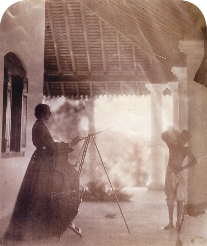 A photograph by Julia Margaret Cameron of Marianne North painting at an easel on a verandah at Kalutara.