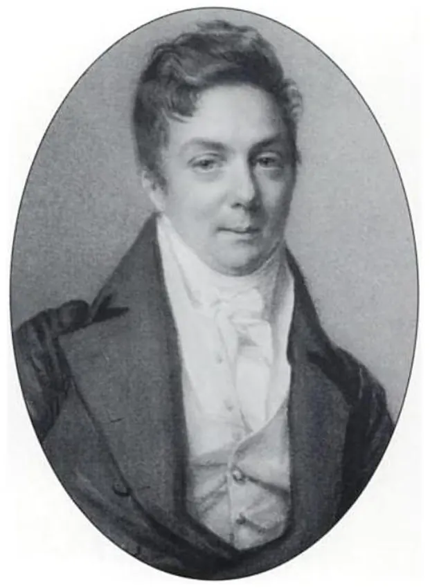 An oval portrait of Henry Salt as a young man, in a dark coat and high white collar.