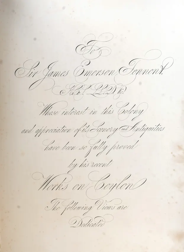 A calligraphic dedication leaf inscribed to Sir James Emerson Tennent.
