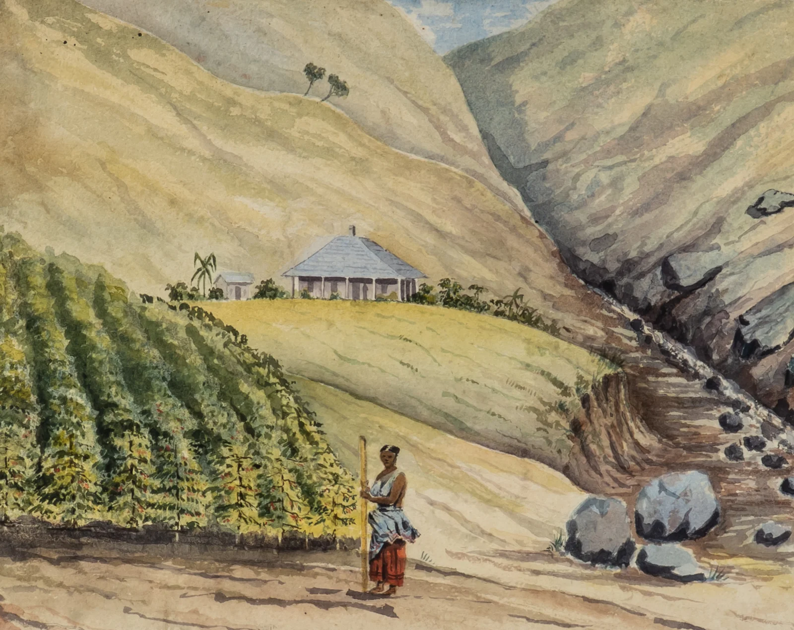 A nineteenth-century watercolour of a hillside plantation bungalow above terraced tea, with a woman on the path below.
