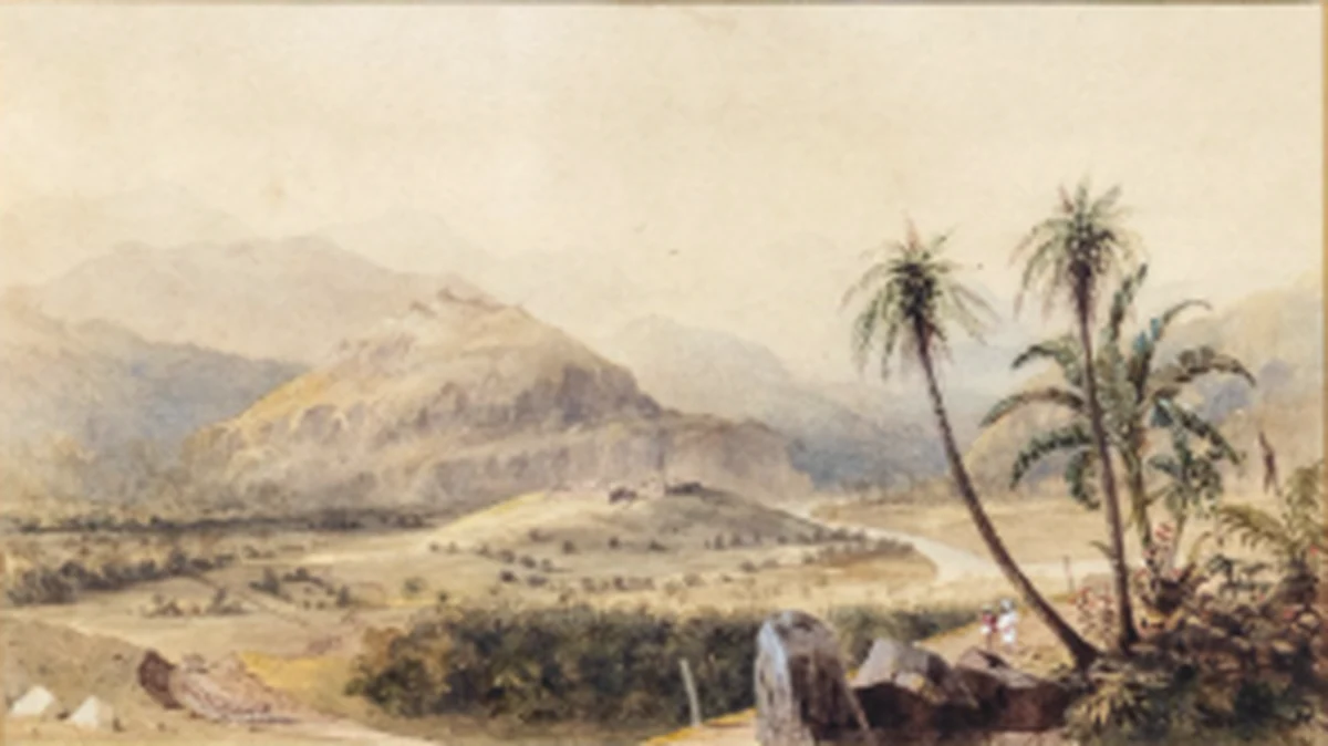 A nineteenth-century watercolour of a British hill fort at Matale on a rise among mountains, palms at right and figures below.