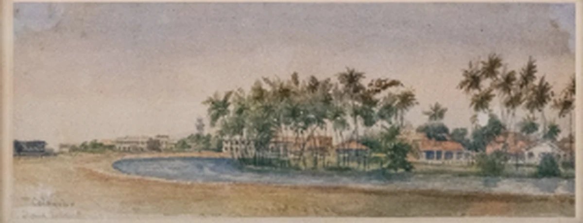 A wide nineteenth-century watercolour panorama of Slave Island, Colombo: a wooded shore of palms and low buildings above a still lake.