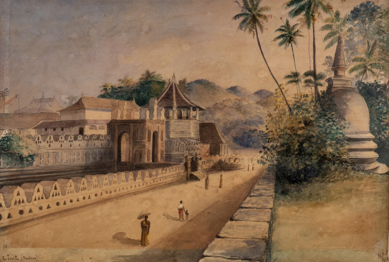 A nineteenth-century watercolour of the Temple of the Tooth at Kandy, its octagonal tower and moat, with a dagoba among palms at right.