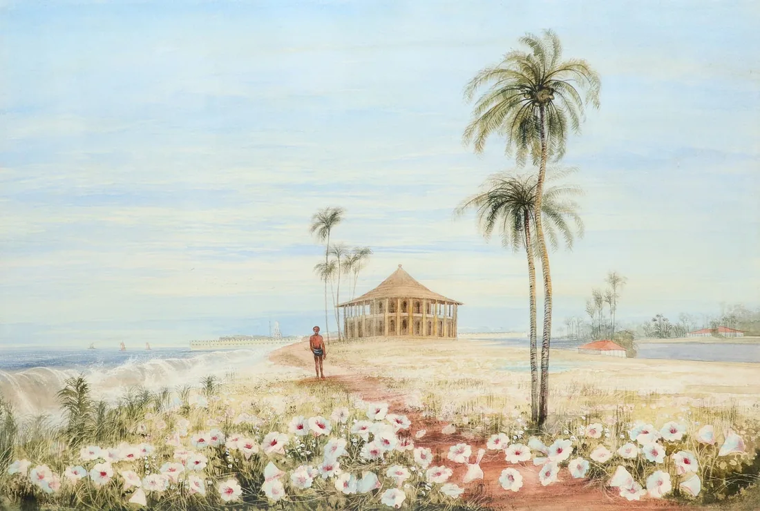A view of Galle Face Green, Colombo. Watercolour with scratching out, 49 x 71.2 cm. Originally in the possession of Spin