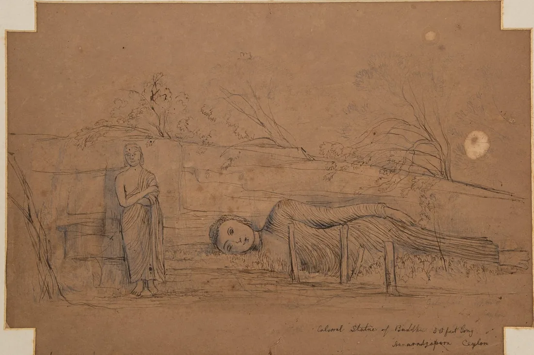 Colossal Recumbent Figures of the Buddha and standing figure of Ananda, Galviharaya, Polonnaruwa, C. 1848.C originally i