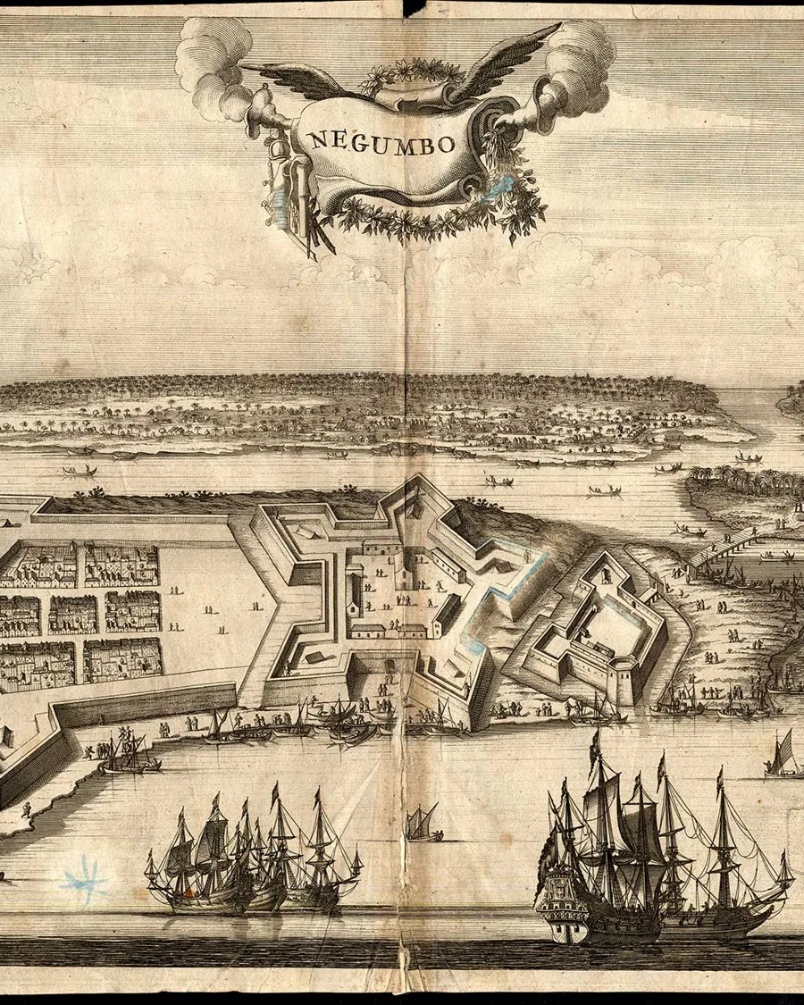 A 1672 Dutch engraved bird's-eye view of the bastioned star fort at Negombo, the town laid out beside it and ships riding in the roadstead below.
