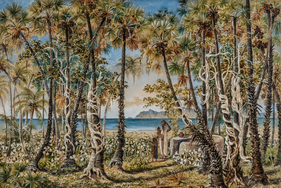 A nineteenth-century view of figures among tall trees near the shore, Ceylon.