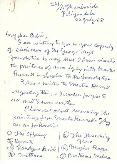 A handwritten letter from George Keyt donating his paintings to the Foundation.