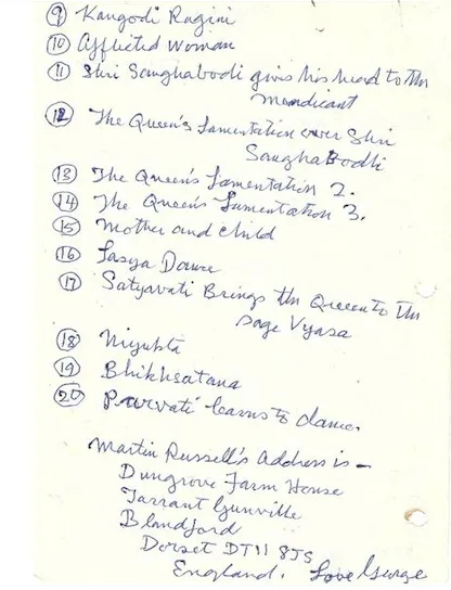 The continued handwritten list of works, with Martin Russell's address.