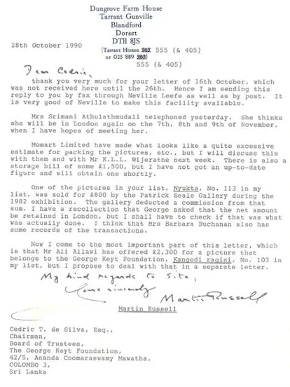 A typed letter from Martin Russell to Cedric de Silva.