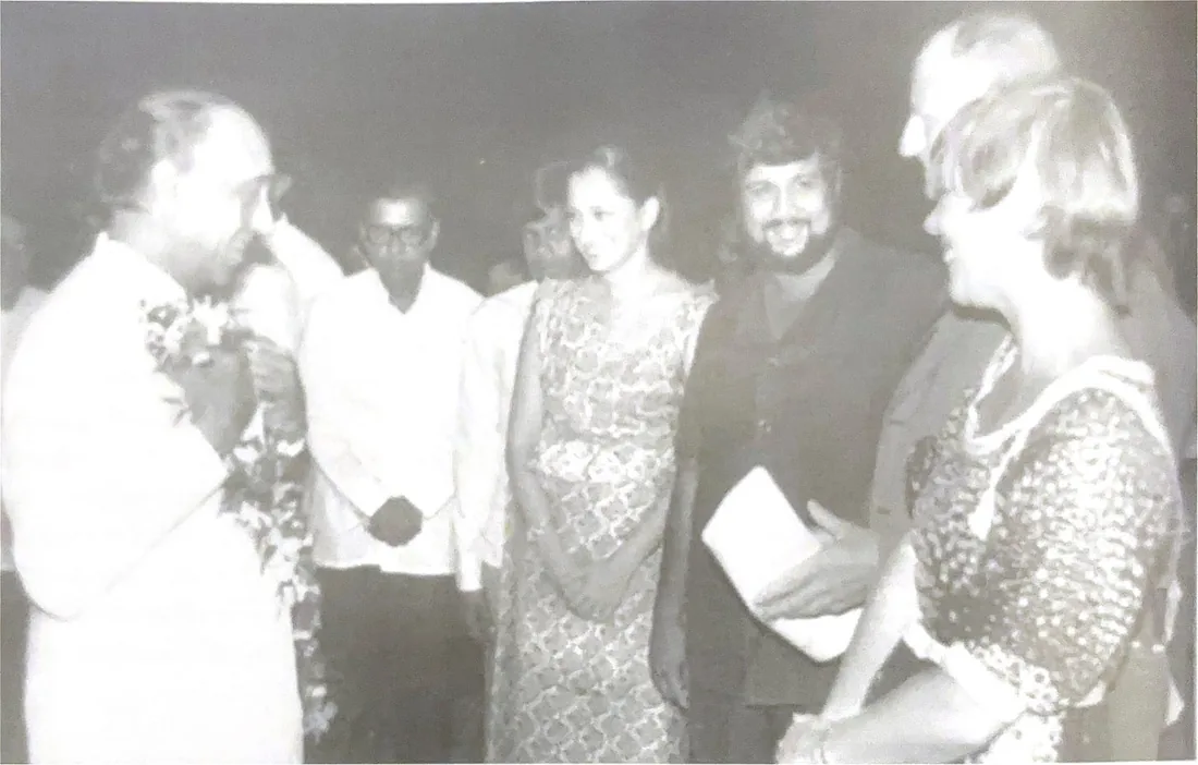 President J.R. Jayewardena being welcomed by Senaka and his wife Jennifer, along with John Marsh, chairman of Ceylon Tob
